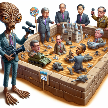 ‘Alien journalist demands Earth leaders play nice in sandbox war game.’